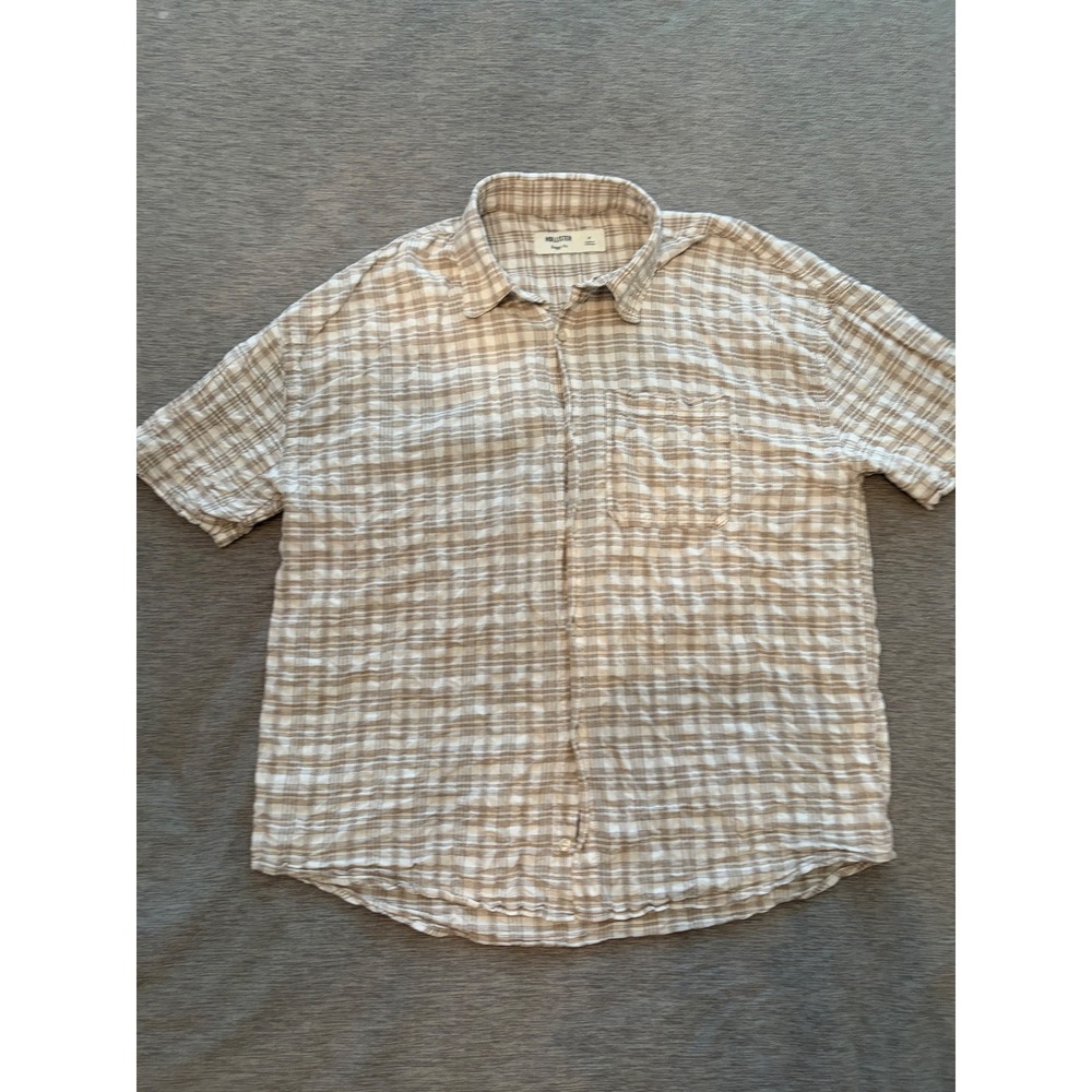 Hollister Mens Baggy Fit Plaid Button Down Shirt Tan White Long Sleeve Medium